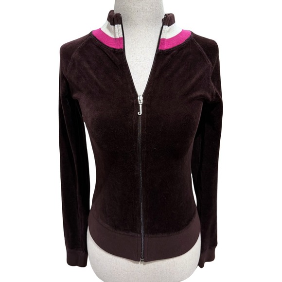 Juicy Couture Jackets & Blazers - Vintage Y2K Juicy Couture Velour Track Jacket Brown Pink Striped Mock Neck Slim